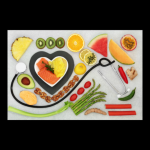 image of healthy foods laid out on a table along with a stethoscope.