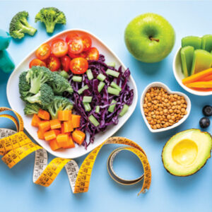 Healthy Foods displayed on blue backdrop. Vegetables, Fruit, Water